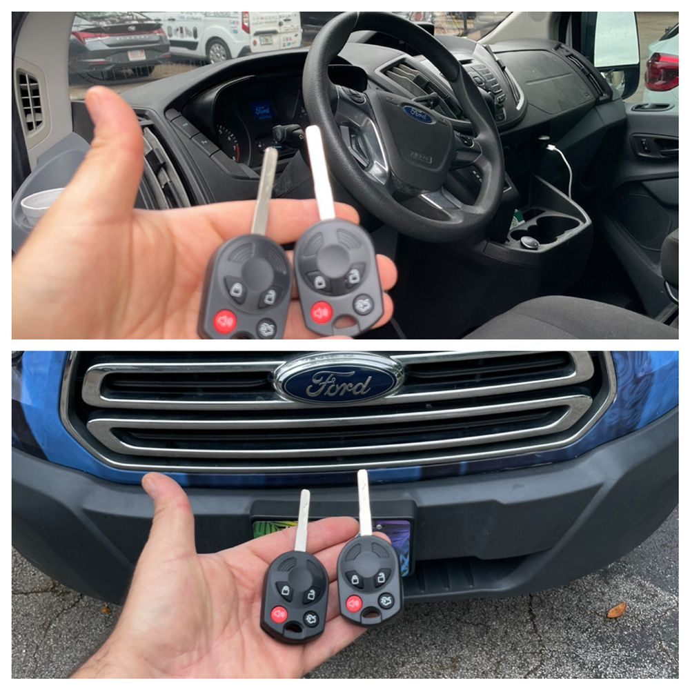Ford transponder keys held in front of a Ford dashboard and a Ford grille