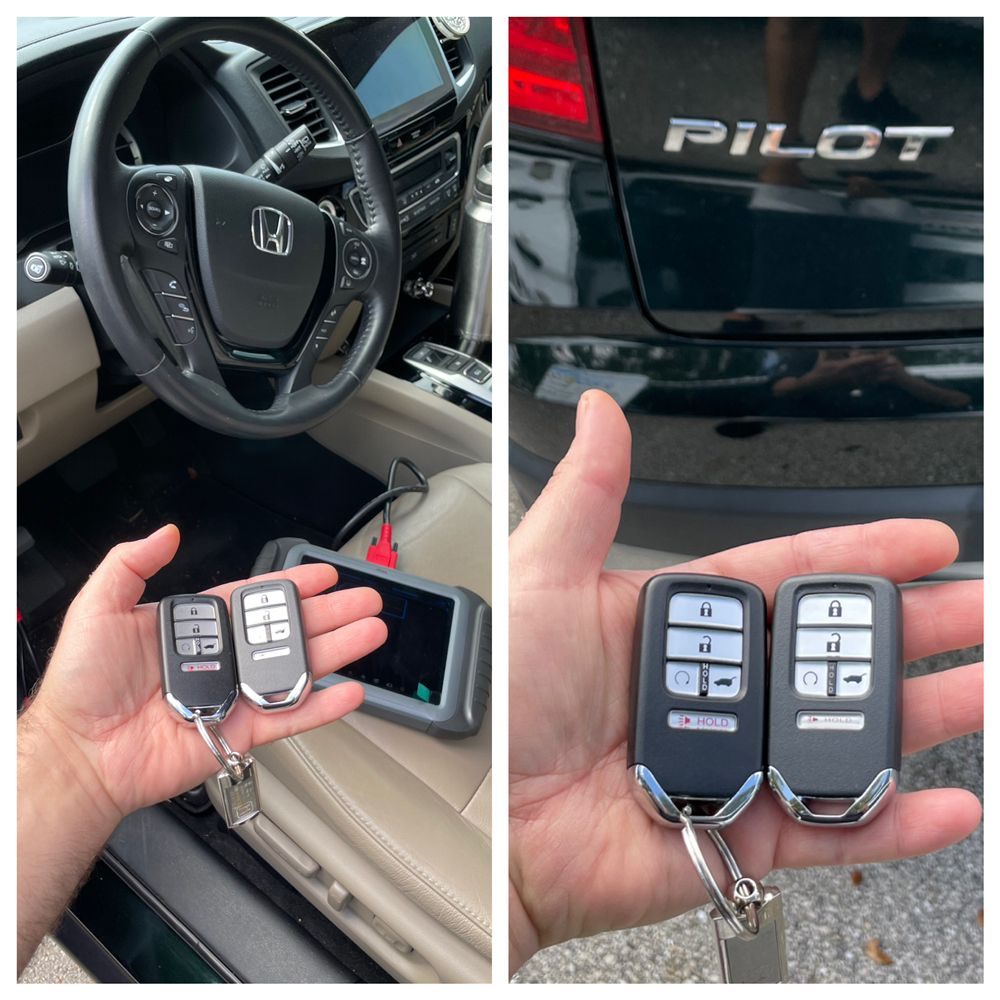 Honda Pilot smart keys and a diagnostic tablet on the front seat of the vehicle