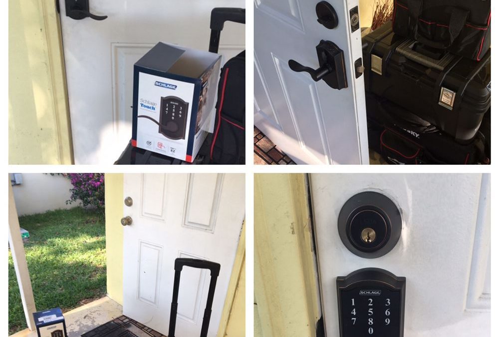 Keypad smart lock installed on a white door with a lever, and a technician's tool bag on the ground