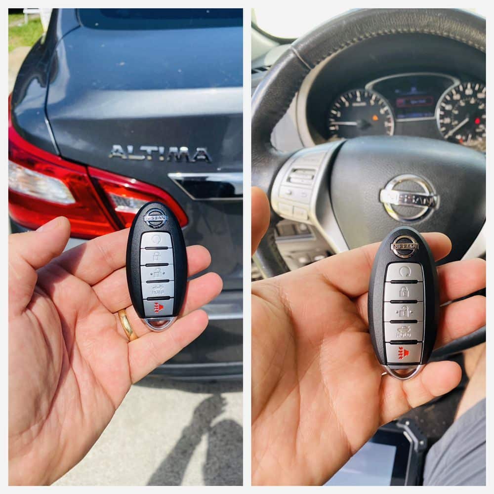 Nissan Altima smart keys held in a hand next to the car and the steering wheel